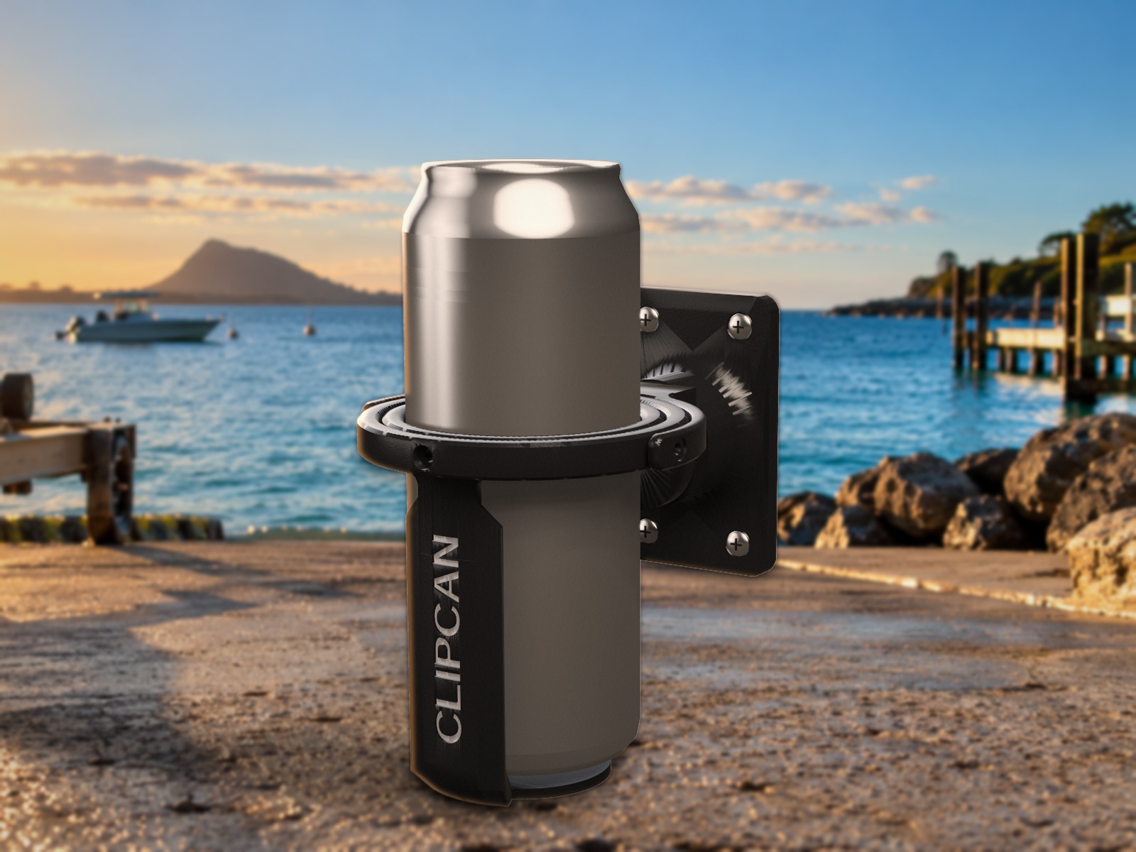 Clipcan Boat on its screw-on base at the boat ramp